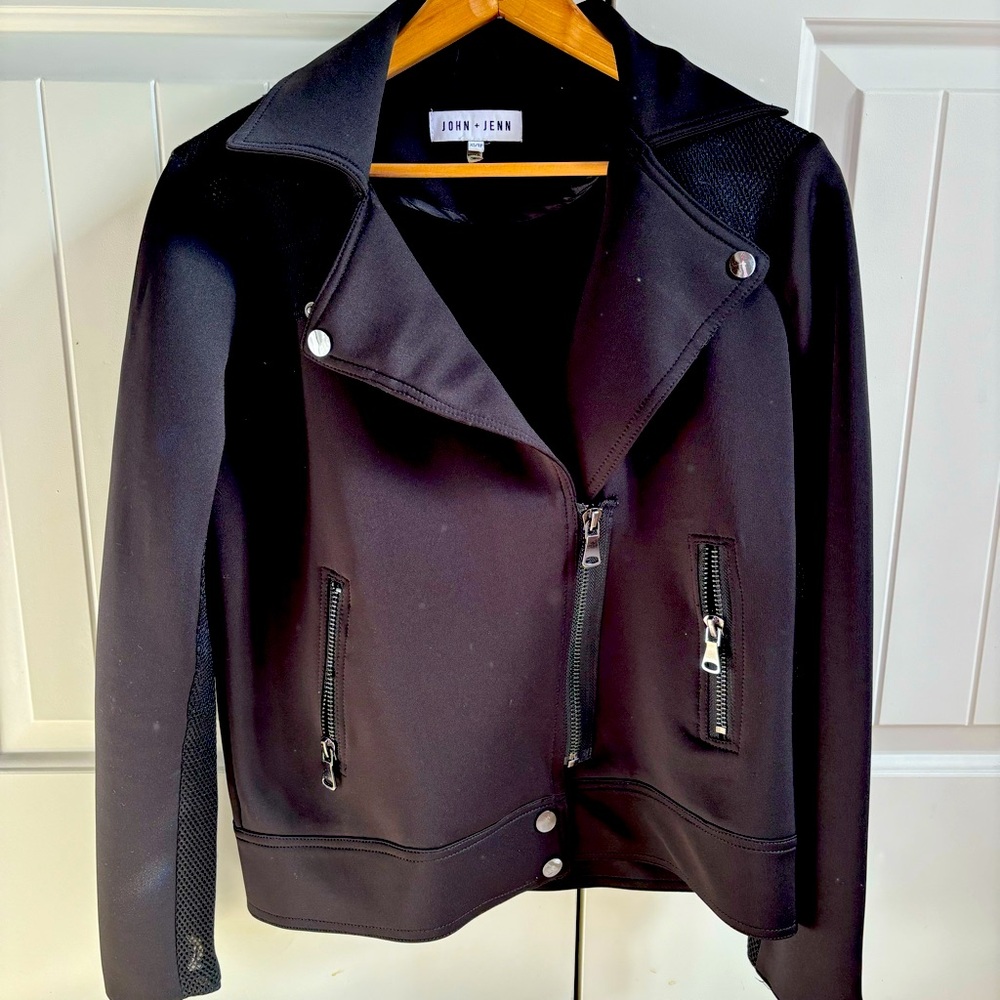 Anthropologie John + Jenn black scuba oversized moto jacket